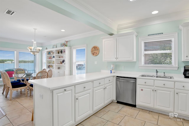 kitchen featuring sink, kitchen peninsula, a healthy amount of sunlight, and stainless steel dishwasher