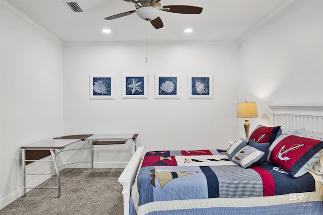 carpeted bedroom featuring ceiling fan and ornamental molding