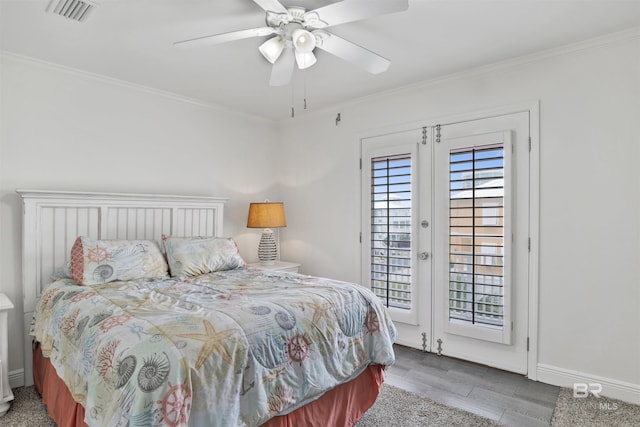 bedroom featuring access to exterior, ceiling fan, and ornamental molding