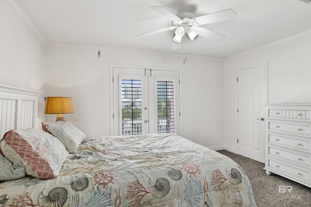 bedroom with dark colored carpet, ceiling fan, ornamental molding, and access to outside