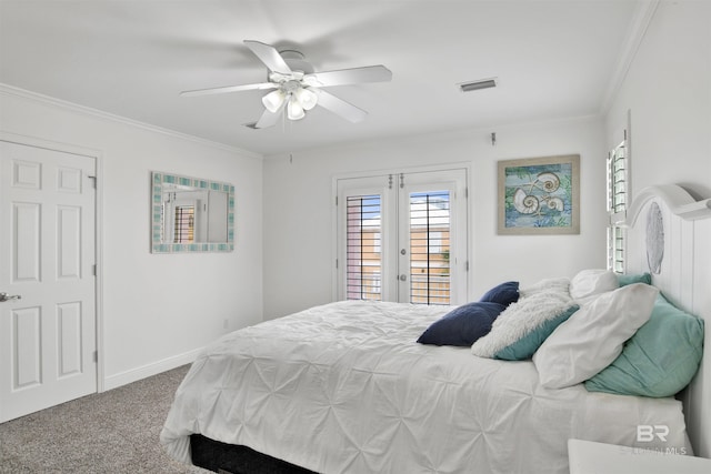 bedroom with carpet, access to outside, ceiling fan, and ornamental molding