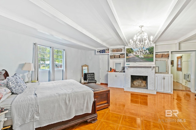 bedroom with an inviting chandelier, a brick fireplace, light tile patterned floors, a wall mounted AC, and beam ceiling