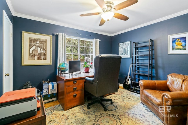 office area with hardwood / wood-style floors, ceiling fan, and ornamental molding