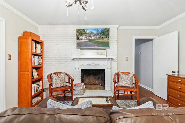 living room featuring a fireplace, hardwood / wood-style floors, and ornamental molding