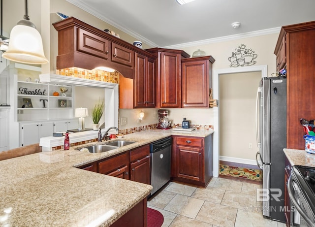 kitchen featuring ornamental molding, sink, pendant lighting, and stainless steel appliances