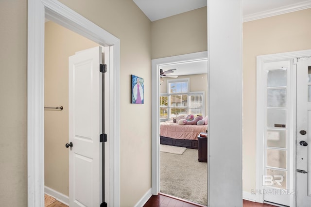 hallway featuring hardwood / wood-style floors and crown molding