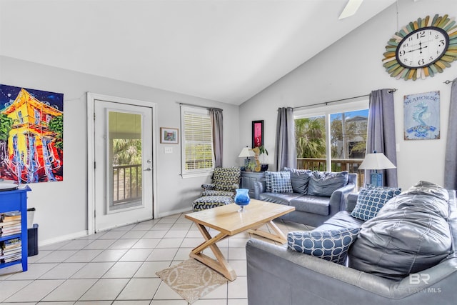 310 W 3rd Ave, Gulf Shores, AL 36542 - living room with baseboards, high vaulted ceiling, a ceiling fan, and light tile patterned flooring