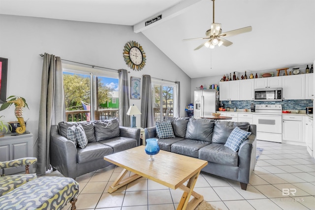 310 W 3rd Ave, Gulf Shores, AL 36542 - living room featuring beam ceiling, high vaulted ceiling, a ceiling fan, and light tile patterned flooring