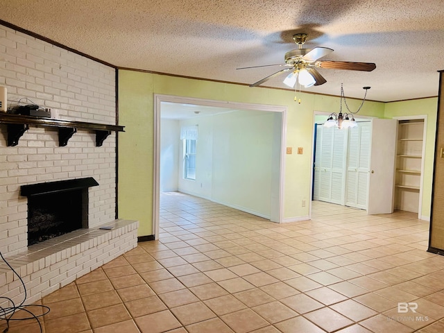 6120 Appaloosa Dr, Mobile, AL 36693 - unfurnished living room featuring ceiling fan, light tile patterned floors, ornamental molding, a textured ceiling, and a brick fireplace