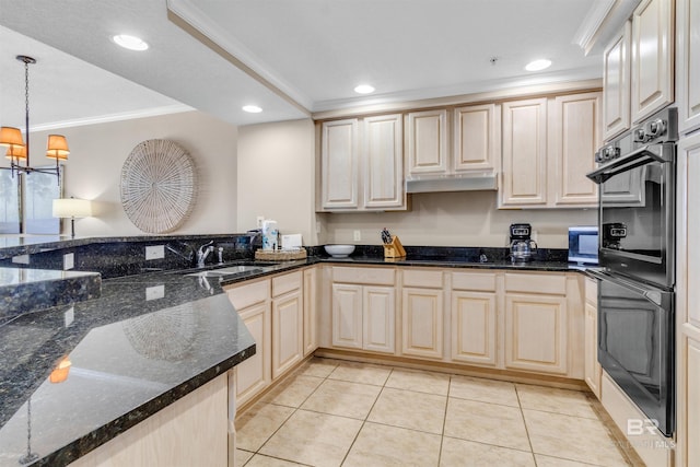 527 E Beach Blvd Unit 802, Gulf Shores, AL 36542 - kitchen with ornamental molding, appliances with stainless steel finishes, light brown cabinetry, hanging light fixtures, and light tile patterned floors