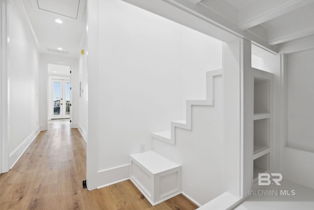 1438 Bienville Blvd Unit B, Dauphin Island, AL 36528 - hallway featuring light wood-type flooring, recessed lighting, attic access, and baseboards