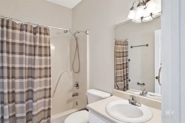 full bathroom featuring shower / tub combo, vanity, and toilet