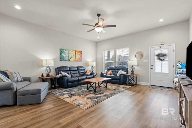 living room with ceiling fan and hardwood / wood-style flooring