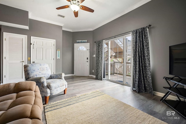 4 Yacht Club Dr, Daphne, AL 36526 - living room with a ceiling fan, baseboards, wood finished floors, and ornamental molding