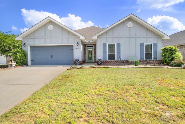 ranch-style house with brick siding, a garage, board and batten siding, a front yard, and driveway