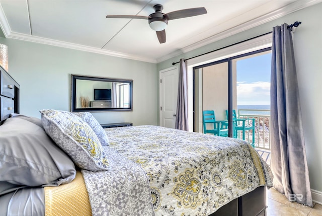 23044 Perdido Beach Blvd Unit 141, Orange Beach, AL 36561 - bedroom with crown molding, access to exterior, light tile patterned floors, and ceiling fan