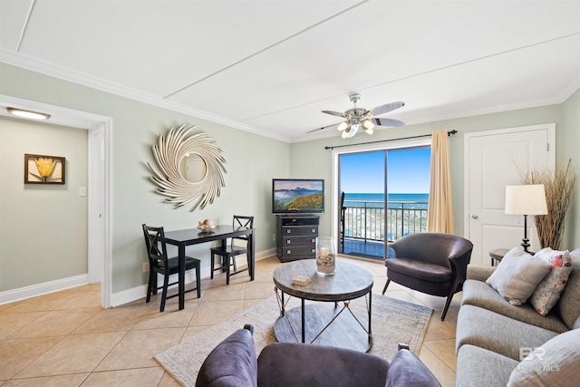 23044 Perdido Beach Blvd Unit 141, Orange Beach, AL 36561 - living room with ornamental molding, light tile patterned flooring, baseboards, and a ceiling fan