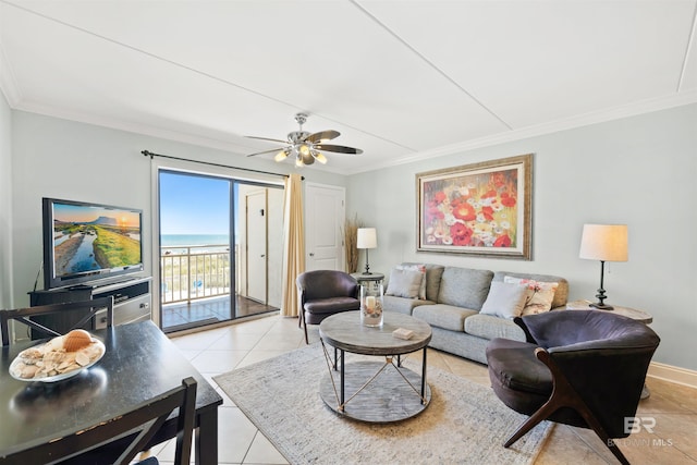 23044 Perdido Beach Blvd Unit 141, Orange Beach, AL 36561 - living room featuring ornamental molding, light tile patterned floors, ceiling fan, and baseboards