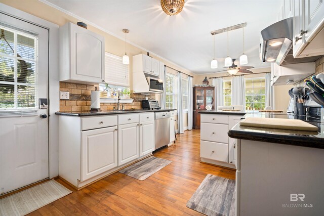 kitchen with a wealth of natural light, white cabinetry, light hardwood / wood-style floors, and appliances with stainless steel finishes