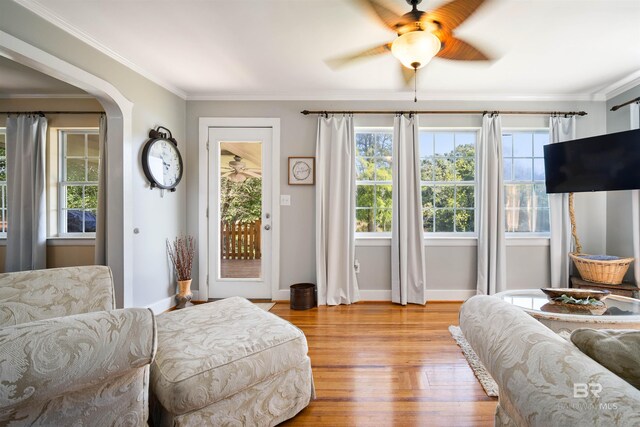 interior space featuring access to outside, light hardwood / wood-style flooring, ornamental molding, and ceiling fan