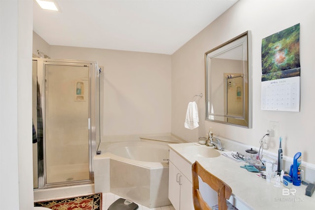 bathroom with vanity, shower with separate bathtub, and tile flooring