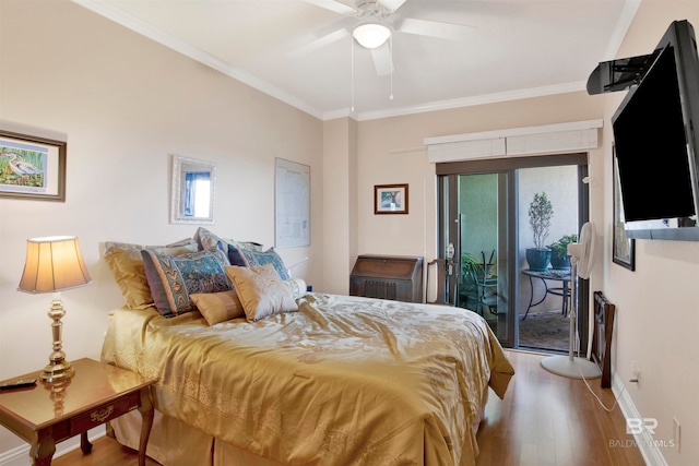 bedroom featuring ornamental molding, wood-type flooring, ceiling fan, and access to exterior