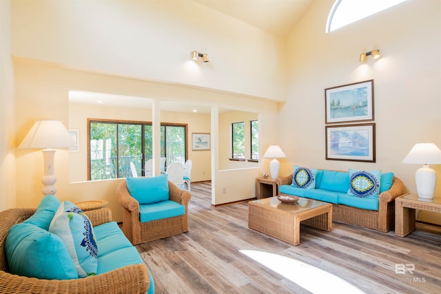 living room with high vaulted ceiling and hardwood / wood-style flooring