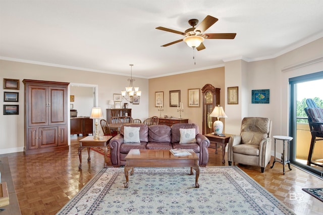 living room with ceiling fan with notable chandelier, light parquet flooring, and crown molding