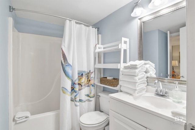 bathroom featuring vanity, toilet, and shower / tub combo with curtain