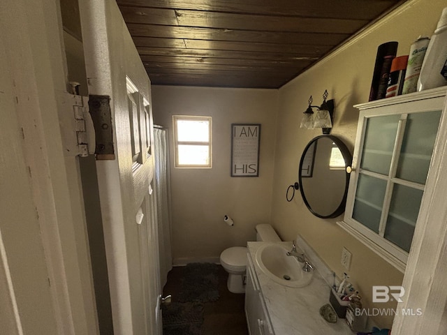 bathroom featuring wood ceiling, vanity, and toilet