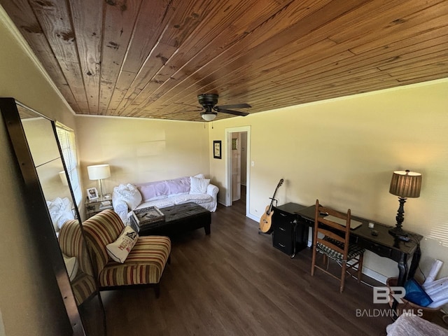 living room with ceiling fan, dark hardwood / wood-style floors, vaulted ceiling, and wooden ceiling