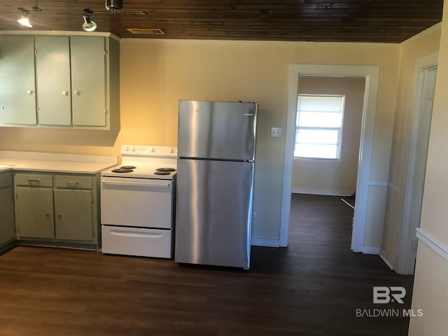 kitchen featuring stainless steel fridge, wood ceiling, white range with electric cooktop, and dark hardwood / wood-style flooring