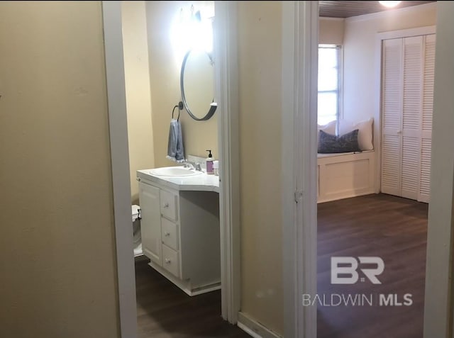 bathroom with hardwood / wood-style floors and vanity