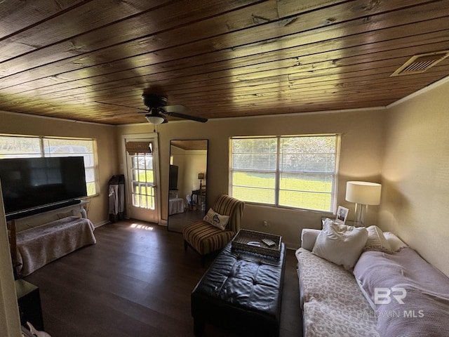 living room with wood ceiling, ceiling fan, and dark hardwood / wood-style floors