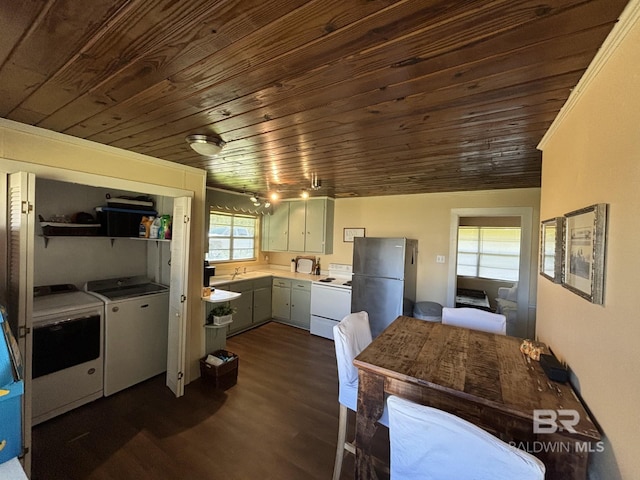 kitchen with stainless steel fridge, separate washer and dryer, wood ceiling, and electric range