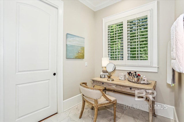 home office with crown molding, marble finish floors, and baseboards