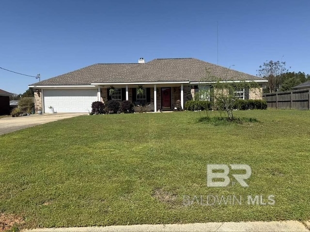 ranch-style home with a front lawn, fence, concrete driveway, covered porch, and a garage