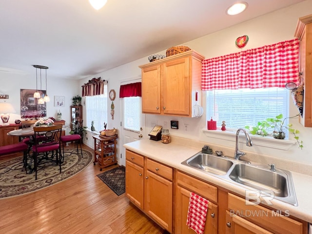 kitchen with decorative light fixtures, light wood-type flooring, a healthy amount of sunlight, and sink