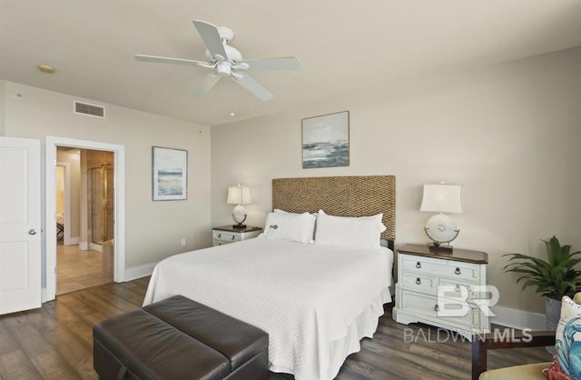 bedroom featuring dark wood-type flooring and ceiling fan