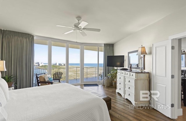 bedroom with floor to ceiling windows, access to exterior, dark hardwood / wood-style floors, and ceiling fan