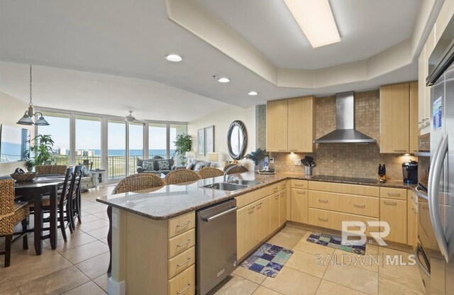 kitchen with appliances with stainless steel finishes, wall chimney exhaust hood, sink, and kitchen peninsula