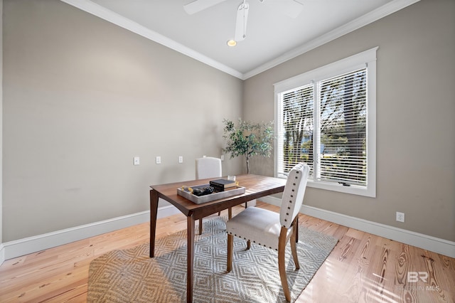 office space with light wood-type flooring, ceiling fan, baseboards, and crown molding