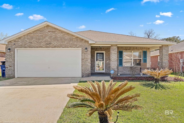 ranch-style home with a front yard, a porch, concrete driveway, a garage, and brick siding