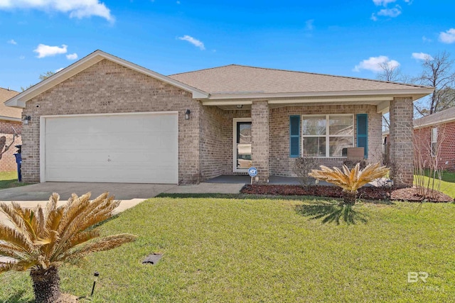 ranch-style home featuring a garage, brick siding, and driveway