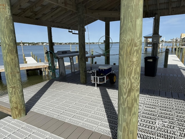 dock area featuring boat lift and a water view