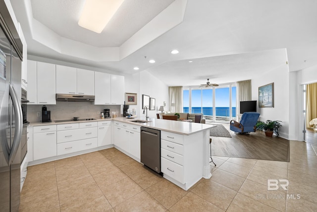 kitchen with dishwasher, open floor plan, a peninsula, light countertops, and a sink