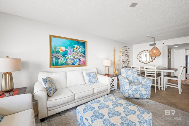 living room with a textured ceiling