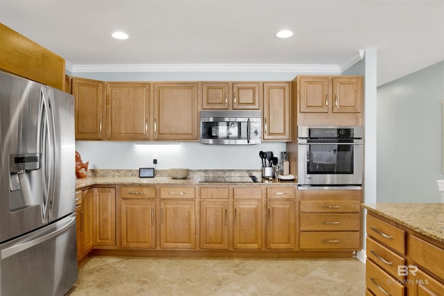 kitchen with stainless steel appliances, recessed lighting, ornamental molding, and light stone countertops