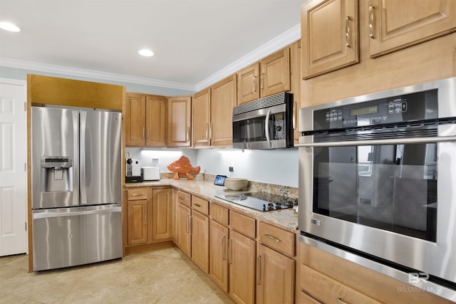 kitchen featuring light stone countertops, stainless steel appliances, crown molding, and recessed lighting