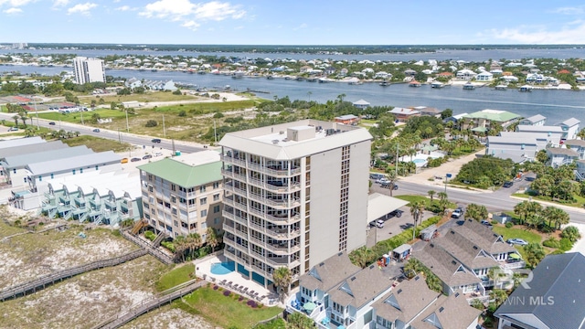 bird's eye view with a water view